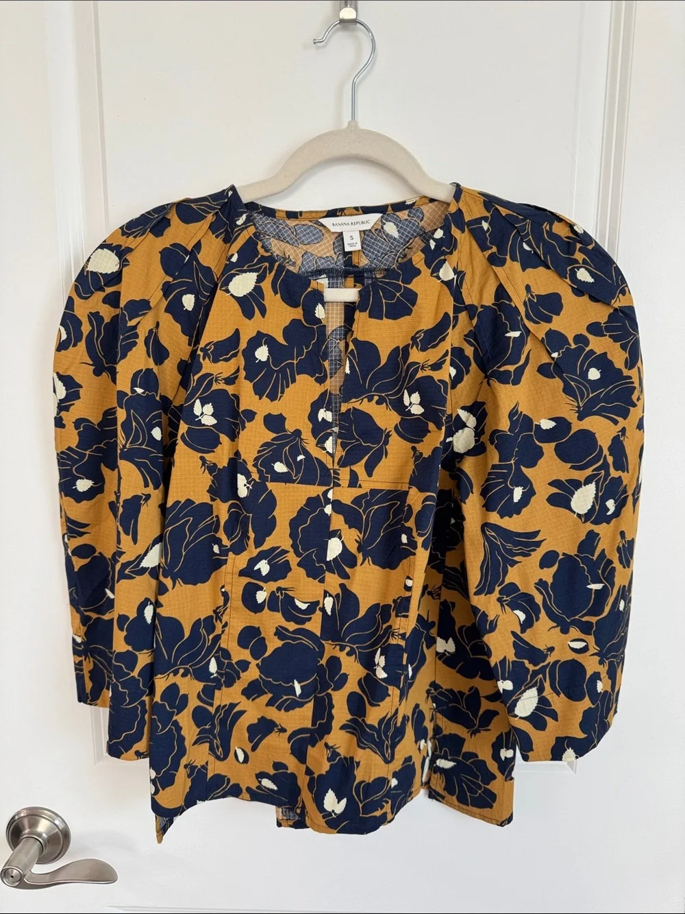 Banana Republic Mustard Floral Puff-Sleeve Top